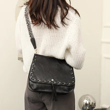 Vegan Leather Woven Flip Rivet Handbag with Leopard Strap