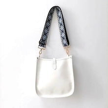White Vintage Vegan Leather Messenger Bag w/ Blue Abstract Strap