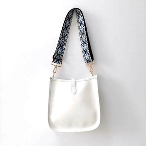 White Vintage Vegan Leather Messenger Bag w/ Blue Abstract Strap