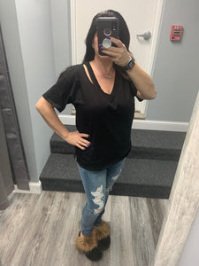 Solid V Neck Short Sleeve Distressed T-Shirt - Black, Camel or Grey