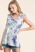 TIE DYE THERMAL WAFFLE V NECK TOP WITH RUFFLE APPLIQUE AT SHOULDER - ASSORTED COLORS
