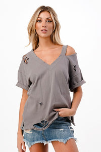 Solid V Neck Short Sleeve Distressed T-Shirt - Black, Camel or Grey