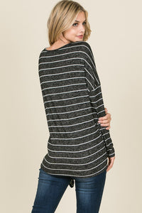Long Sleeve Criss Cross Neck And Front Tie Detail Hacci Fabric Tunic Top - Charcoal