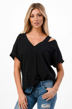 Solid V Neck Short Sleeve Distressed T-Shirt - Black, Camel or Grey