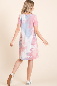 TIE DYE PRINT FRENCH TERRY V NECK MINI DRESS - BLUE/PINK or LAVENDER MIX