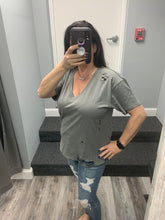 Solid V Neck Short Sleeve Distressed T-Shirt - Black, Camel or Grey