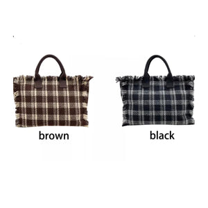 Plaid Fringe Tote Bag - Brown