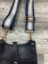 Navy Mini Distressed Vegan Leather Messenger Bag w/ Adjustable Navy/Silver/White Stripe Strap