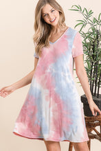 TIE DYE PRINT FRENCH TERRY V NECK MINI DRESS - BLUE/PINK or LAVENDER MIX