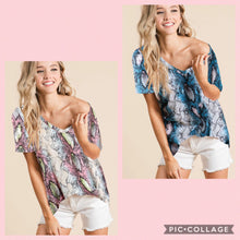 SNAKESKIN PRINT JERSEY V NECK TOP - BLUE or PINK MULTI