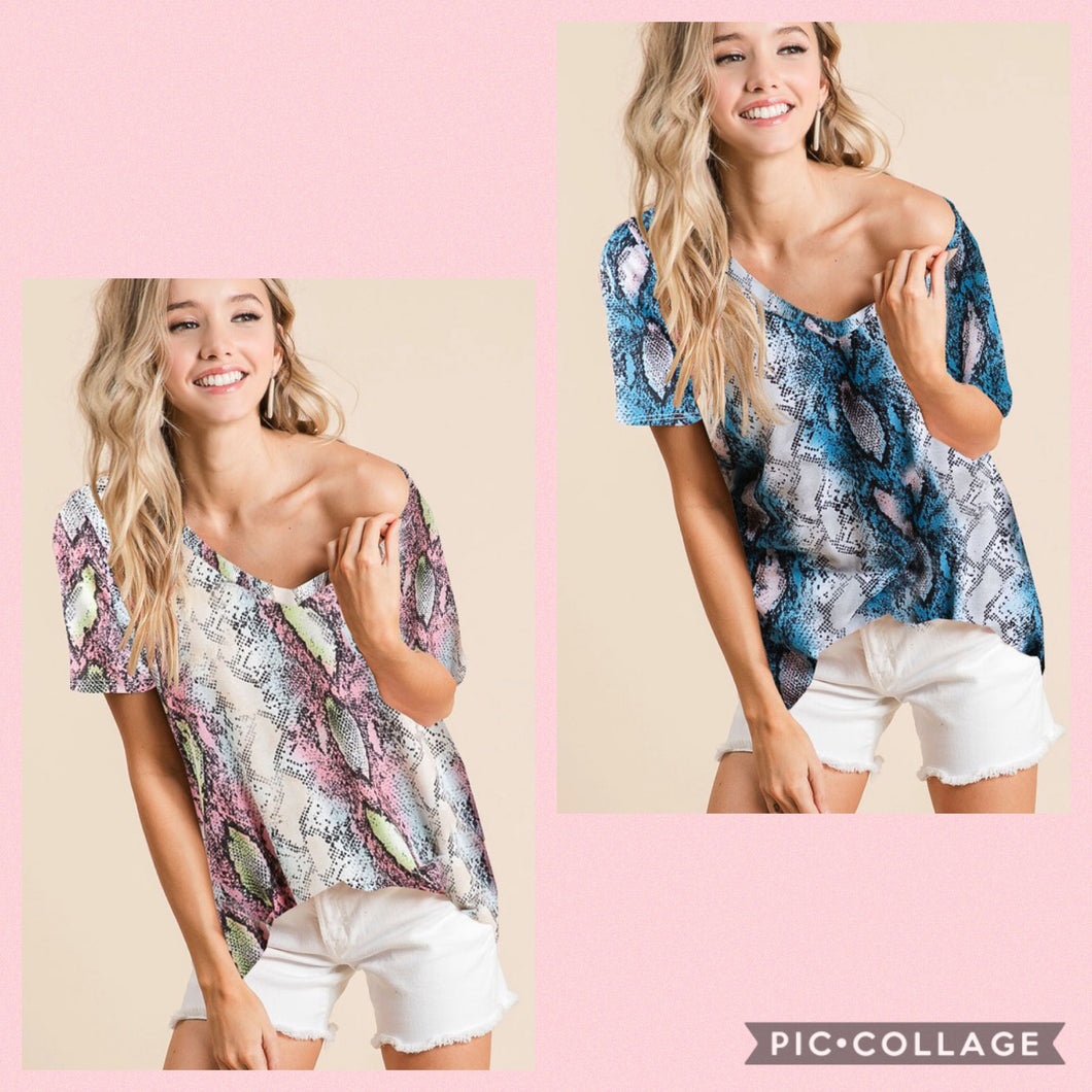 SNAKESKIN PRINT JERSEY V NECK TOP - BLUE or PINK MULTI