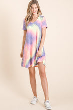 TIE DYE PRINT FRENCH TERRY V NECK MINI DRESS - BLUE/PINK or LAVENDER MIX