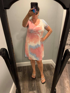 TIE DYE PRINT FRENCH TERRY V NECK MINI DRESS - BLUE/PINK or LAVENDER MIX