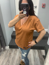 Solid V Neck Short Sleeve Distressed T-Shirt - Black, Camel or Grey