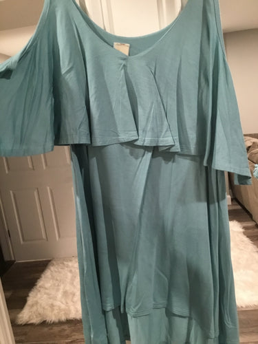 HIGH LOW RUFFLED COLD SHOULDER TOP - NILE BLUE