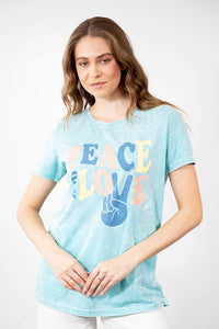 PEACE AND LOVE" Scoop Neck Mineral wash graphic tee - Light Blue
