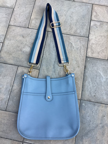 Light Blue Vegan Leather Messenger Bag with Multi Stripe Strap