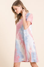 TIE DYE PRINT FRENCH TERRY V NECK MINI DRESS - BLUE/PINK or LAVENDER MIX