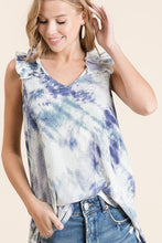 TIE DYE THERMAL WAFFLE V NECK TOP WITH RUFFLE APPLIQUE AT SHOULDER - ASSORTED COLORS