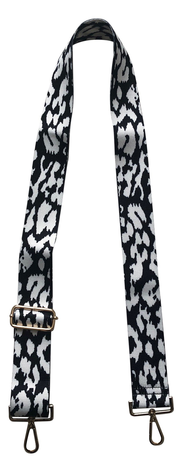 ADJUSTABLE ANIMAL PRINT BAG STRAP - Black/White Leopard Gold Hardware