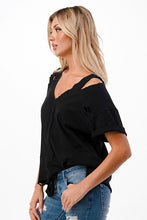 Solid V Neck Short Sleeve Distressed T-Shirt - Black, Camel or Grey