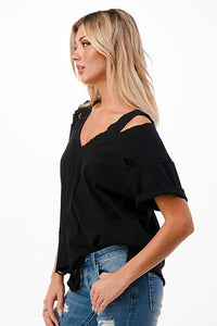Solid V Neck Short Sleeve Distressed T-Shirt - Black, Camel or Grey