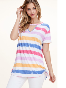 KEYHOLE V-NECK STRIPED TOP