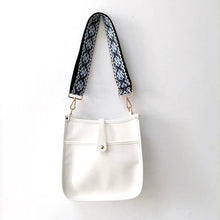 White Vintage Vegan Leather Messenger Bag w/ Blue Abstract Strap