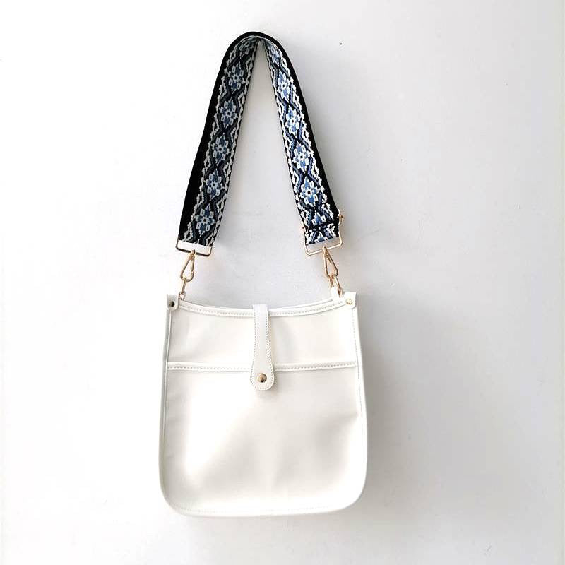 White Vintage Vegan Leather Messenger Bag w/ Blue Abstract Strap
