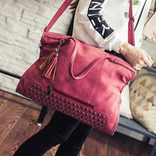 Vegan Leather Suede feel Leather Rivet Tassel Tote Bag w/ Shoulder Strap