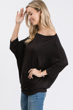 THREE QUARTER SLEEVE SOLID TOP WITH ONE SHOULDER DETAIL - BLACK