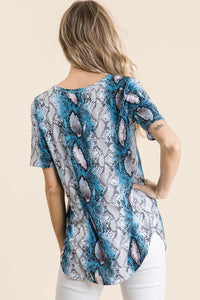 SNAKESKIN PRINT JERSEY V NECK TOP - BLUE or PINK MULTI