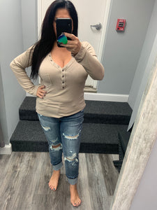 POL V-neck Buttondown Long sleeve top - Beige or Watermelon Pink