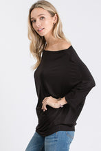 THREE QUARTER SLEEVE SOLID TOP WITH ONE SHOULDER DETAIL - BLACK