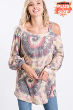 PLUS SIZE PUFF LONG SLEEVE COLD SHOULDER MULTI COLOR PRINT TOP WITH STRAP DETAIL - GREY/YELLOW