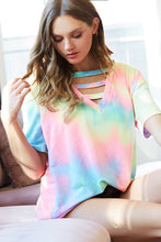 TIE DYE TERRY V-NECK TOP WITH STRAPPED FRONT NECK DETAIL - PASTEL or CHARCOAL TIEDYE