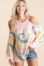 TIE DYE PRINT TERRY TOP WITH COLD SHOULDER DETAIL AND CONTRAST NECK BAND AND CUFFS - ASSORTED COLORS