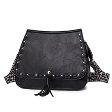 Vegan Leather Woven Flip Rivet Handbag with Leopard Strap