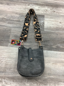 Grey Mini Distressed Vegan Leather Messenger Bag w/ Adjustable Grey Léopard Stripe Strap