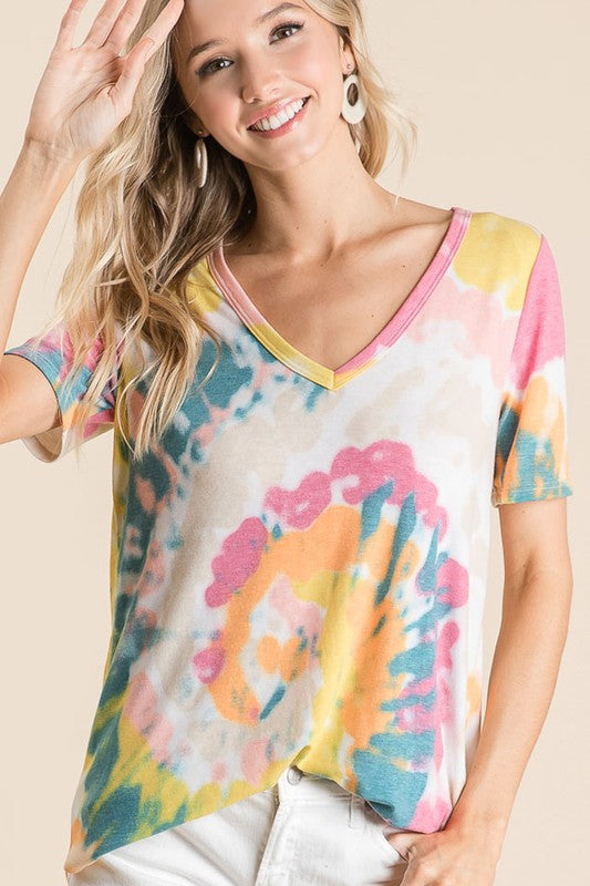 CIRCULAR TIE DYE PRINT V NECK TOP - LAVENDER/BLUE or YELLOW/ORANGE