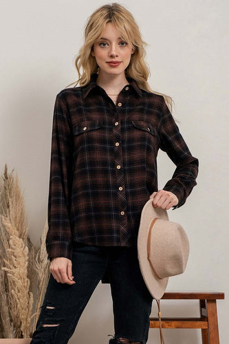 PLAID FLANNEL BUTTON UP - BLACK/BROWN