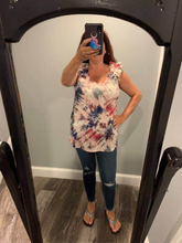 TIE DYE THERMAL WAFFLE V NECK TOP WITH RUFFLE APPLIQUE AT SHOULDER - ASSORTED COLORS