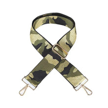 CAMOUFLAGE ADJUSTABLE BAG STRAP - ARMY GREEN/BLACK/GOLD - GOLD/SILVER HARDWARE