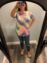 TIE DYE TERRY V-NECK TOP WITH STRAPPED FRONT NECK DETAIL - PASTEL or CHARCOAL TIEDYE