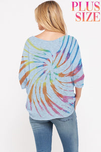 Plus size tie dye v neck knit short sleeve top - Denim or Ivory