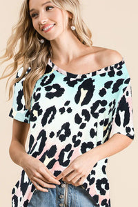 GRADATION LEOPARD PRINT DEEP U NECK SOFT KNIT TOP