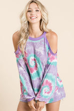 TIE DYE PRINT TERRY TOP WITH COLD SHOULDER DETAIL AND CONTRAST NECK BAND AND CUFFS - ASSORTED COLORS