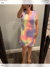 TIE DYE PRINT FRENCH TERRY V NECK MINI DRESS - BLUE/PINK or LAVENDER MIX