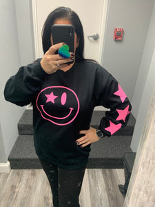 Black Glitter Happy Star Sleeve Sweatshirt - Black, Neon Pink or Light Pink