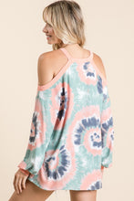 TIE DYE PRINT TERRY TOP WITH COLD SHOULDER DETAIL AND CONTRAST NECK BAND AND CUFFS - ASSORTED COLORS
